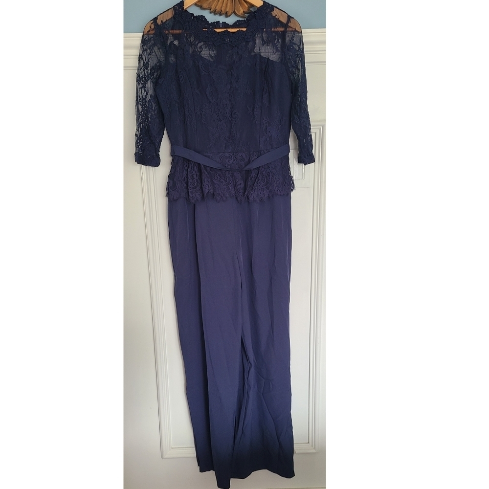 Shein Navy Blue‎ Belted Lace Illusion Neckline Jumpsuit - Picture 2 of 7